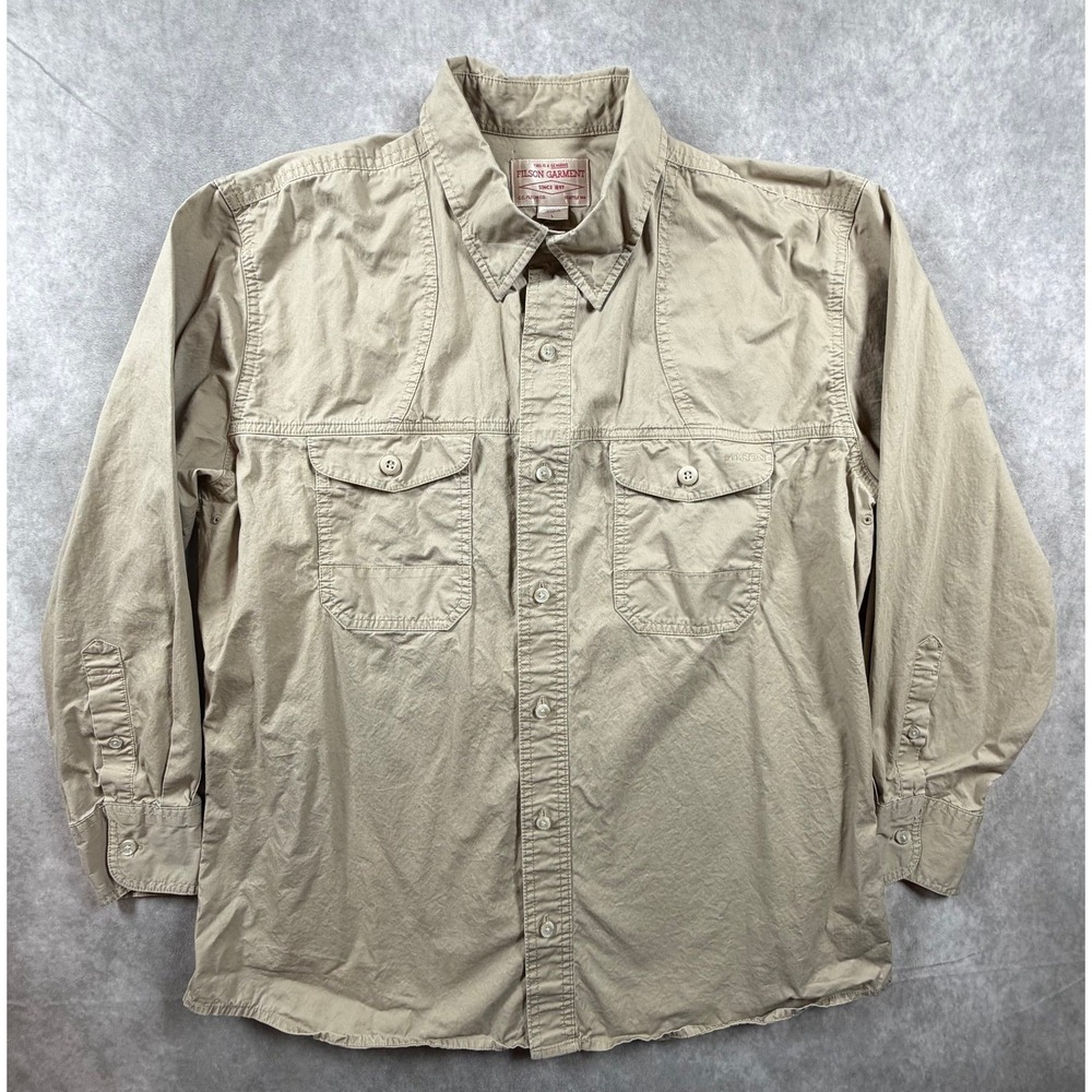 Filson Mens Large Shirt Khaki Button Up Long Sleeve Flap Pockets Roll Tabs